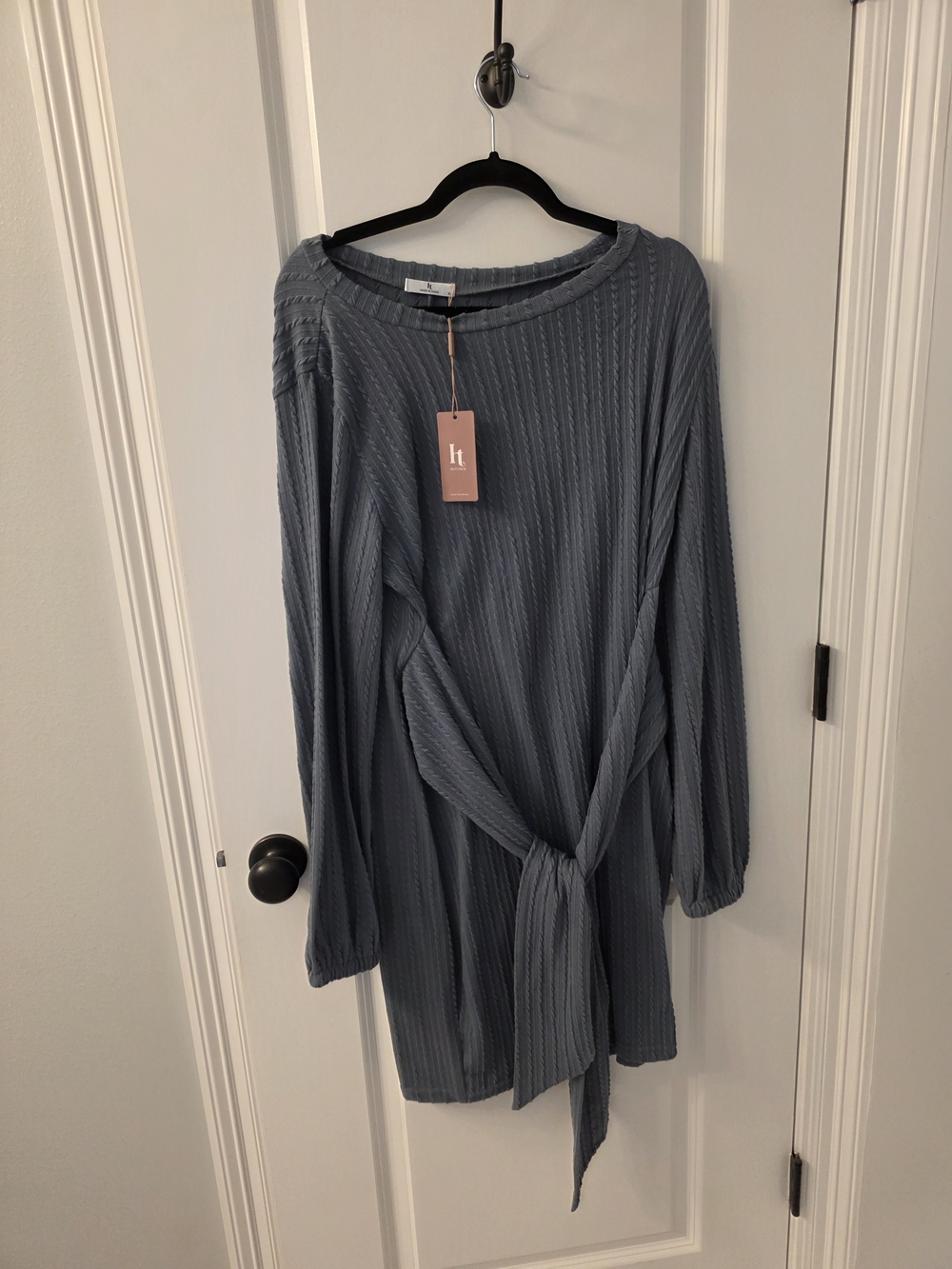 NWT Long Sleeve Textured Sheath Dress with Waist Tie - Slate Blue - Picture 2 of 4